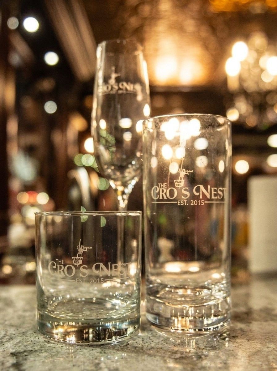 Etched Cro’s Nest glassware